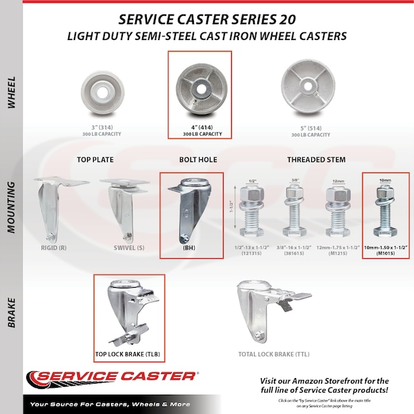 Service Caster 4 Inch Semi Steel Wheel Swivel 10mm Threaded Stem Caster Brake SCC, 2PK SCC-TS20S414-SSS-M1015-2-TLB-2 - main